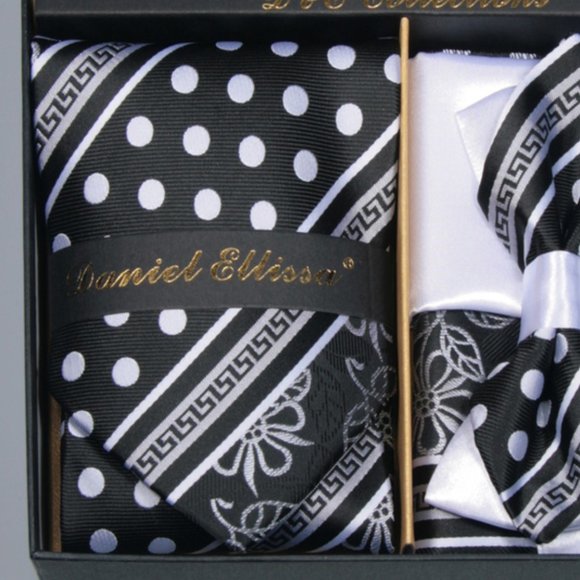 6 Piece White Dots on Black Necktie & Bow Tie Set - Picture 2 of 6